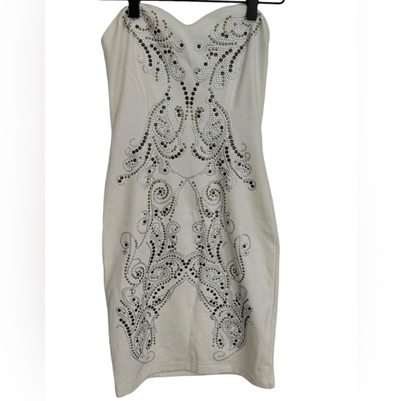 Guess Strapless Embellished Dress White Brown Silver - Picture 4 of 8